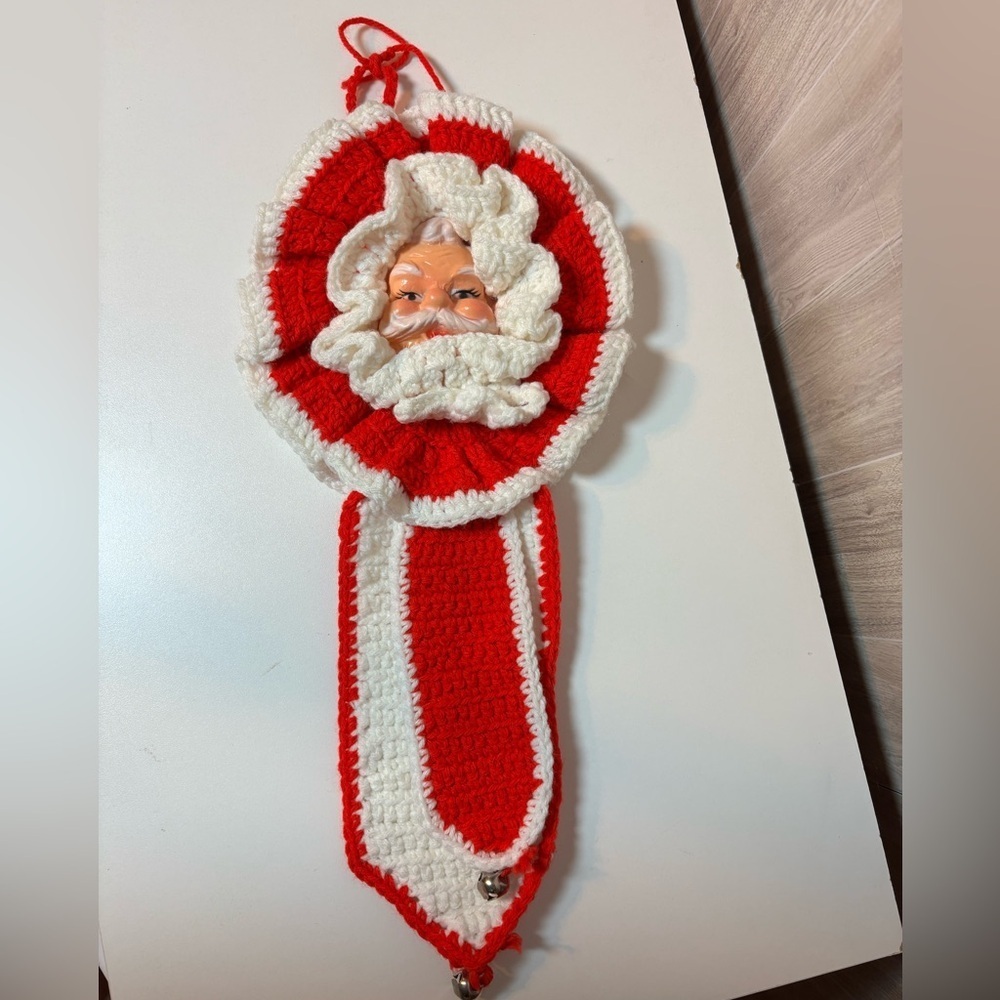 Vintage Handmade Santa Crochet Wall Hanging with Bells